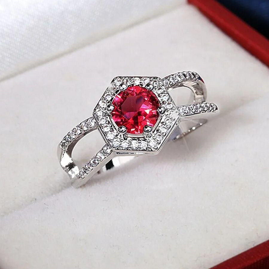 Kiara Grace Womens Size 6 Rosy Red Hexagon Framed Crystal Silver Ring Gift Boxed