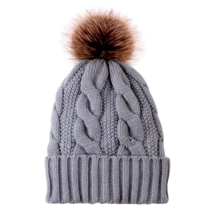 Haylee Glenn Gray Fleece Lined Cable Knit Fur Pom Pom Beanie Hat Gift Packaged