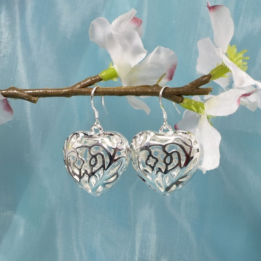 Paulina Filigree Large Full Heart Dangle 925 Sterling Silver Earrings Gift Boxed