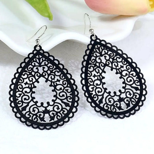 Ophelia Sweets Black Filigree Teardrop Water Drop Dangle Earrings Gift Packaged