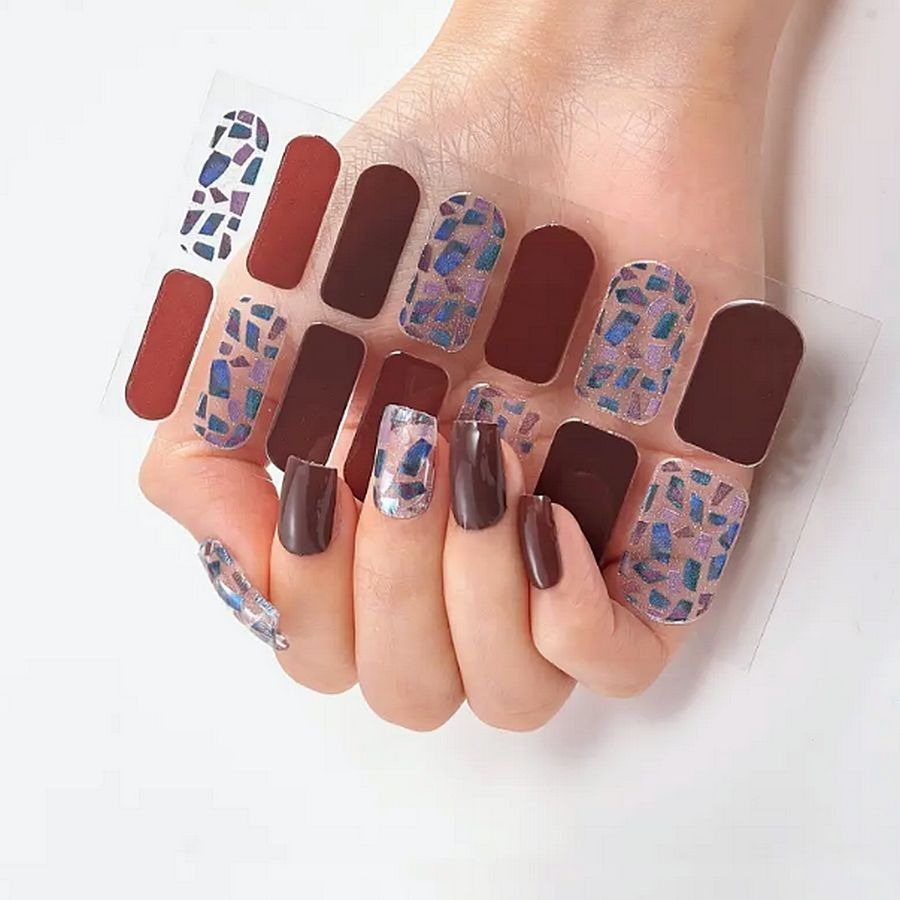 Marilyn Lisa Self Adhesive Nail Polish Strips Blue Fleck Brown Red Gift Packaged