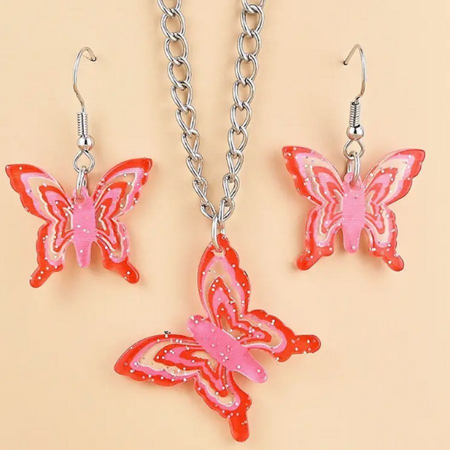 Briella Jesse Colorful Pink Butterfly Necklace and Earrings Set Gift Packaged