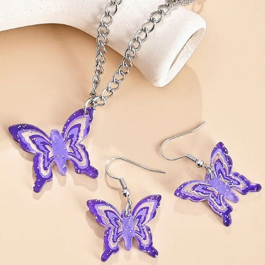 Briella Jesse Colorful Blue Butterfly Necklace and Earrings Set Gift Packaged