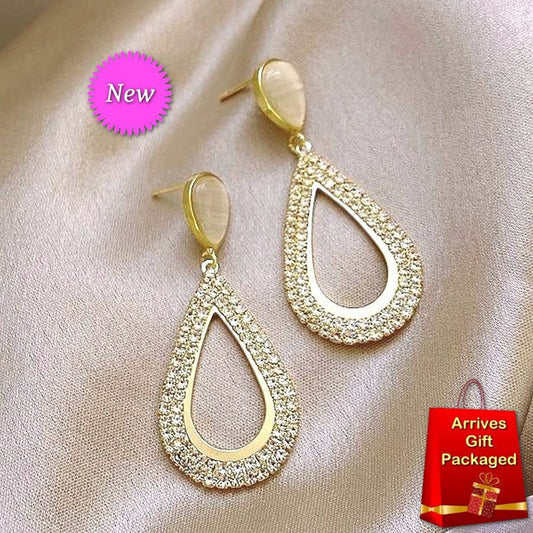 Destiny Pave Shimmering Hollow Teardrop Dangle Earrings Gift Packaged