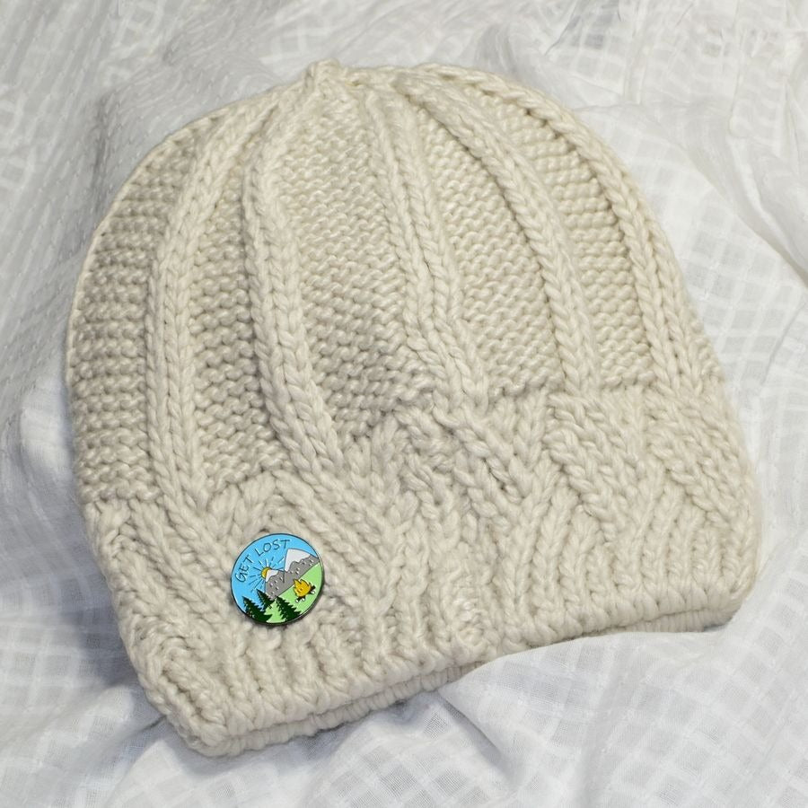 Whitney White Crochet Knit Beanie and Mountain Pin Set Gift Packaged