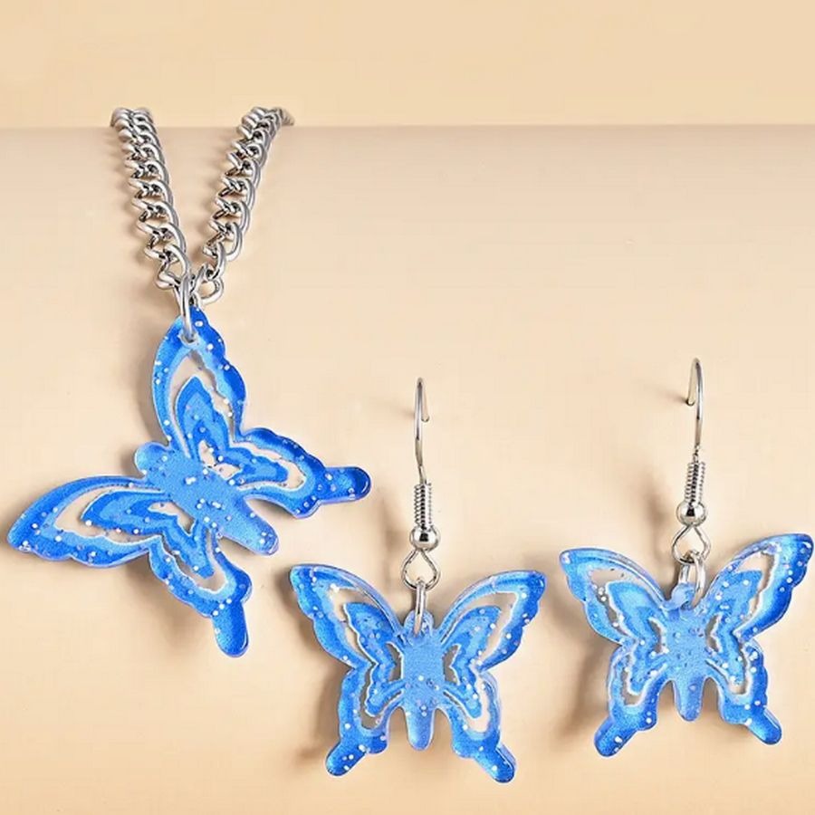 Briella Jesse Colorful Blue Butterfly Necklace and Earrings Set Gift Packaged