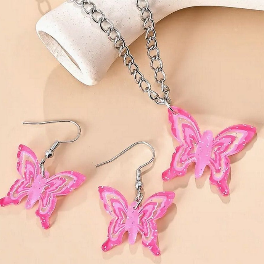 Briella Jesse Colorful Pink Butterfly Necklace and Earrings Set Gift Packaged