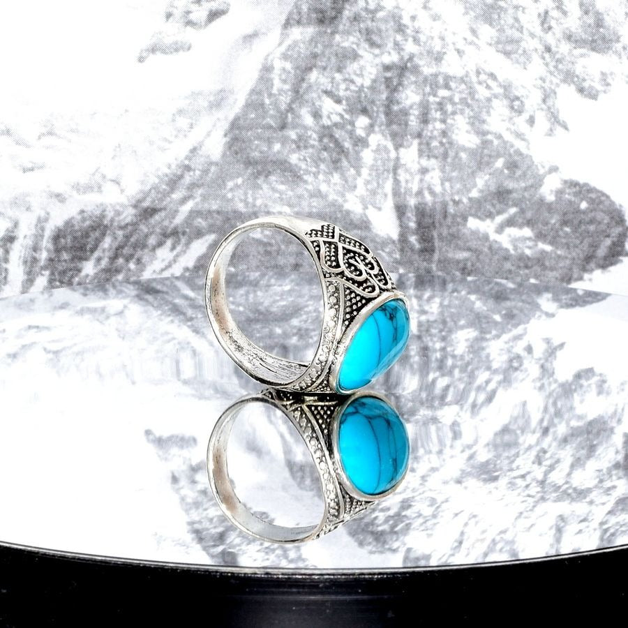 Amore Abound Size 10 Mens Oval Blue Turquoise Etched Silver Ring Gift Boxed