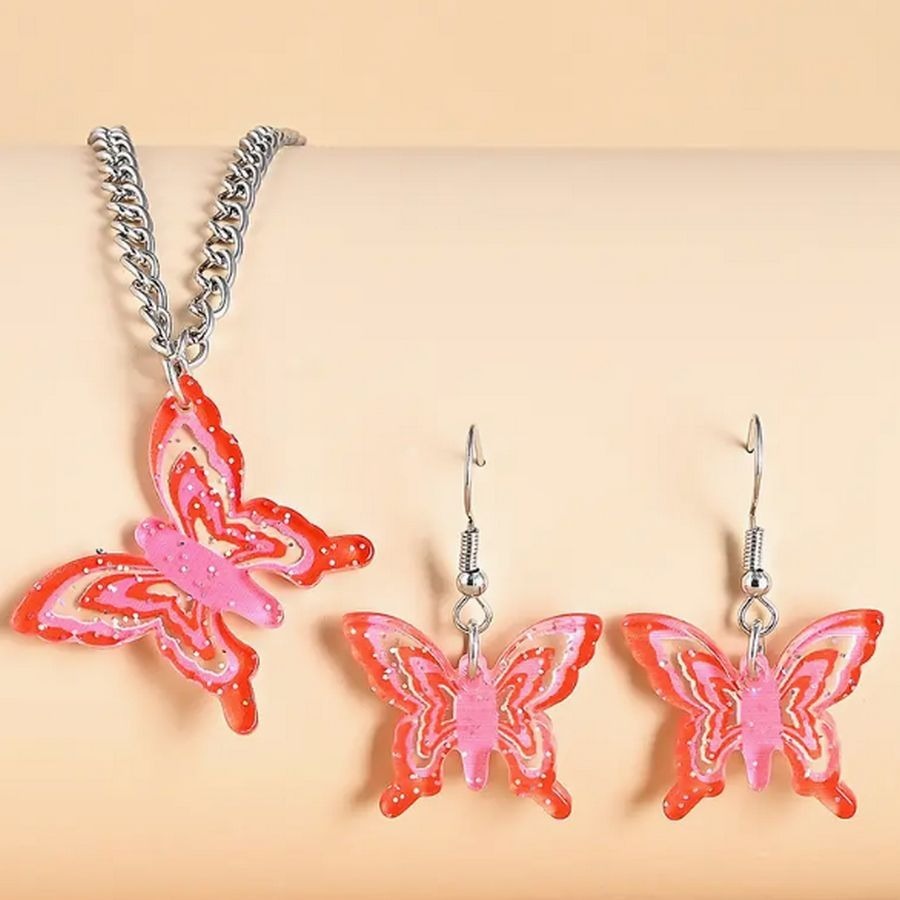 Briella Jesse Colorful Red Butterfly Necklace and Earrings Set Gift Packaged