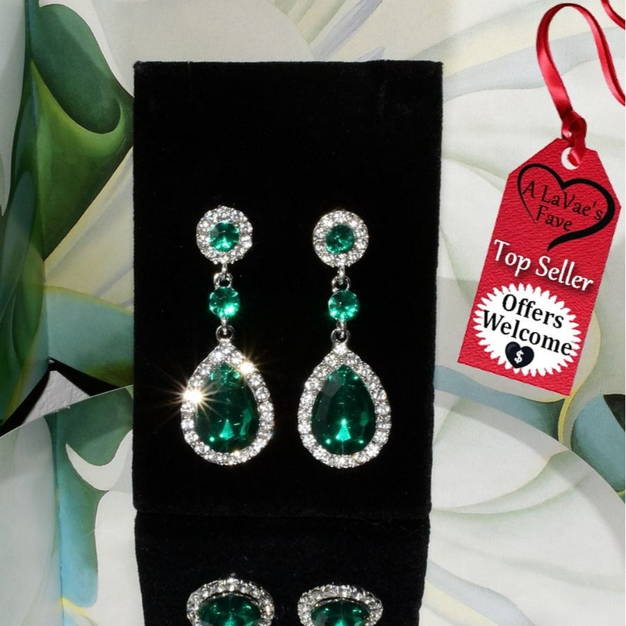 Anella Teardrop Water Drop Dangle Emerald Green Crystal Earrings Gift Boxed